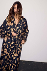 Deloris Satin Robe in black with gold hand, heart and eye motifs, featuring a waist tie fastening.