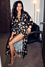 Thumbnail for Deloris Satin Robe featuring gold hand and heart motifs on a black base with a waist tie fastening.