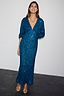 Teal Sequin Emma Dress featuring a V-neckline and long elasticated sleeves, worn for a partywear look.