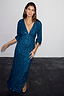 Teal Sequin Emma Dress with a V-neckline and long sleeves in a shimmering, draped party silhouette.