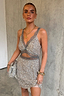 Thumbnail for Silver Sequin Mini Mimi Dress with lace trim and cut-out detail, paired with a matching sequin clutch.