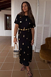 Black Shell Midi Leia Dress with gold shell prints, featuring a casual t-shirt bodice and wrap-tie skirt.
