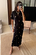Black Shell Midi Leia Dress with a gold shell print and wrap tie waist, styled with gold jewellery in a mirror selfie.