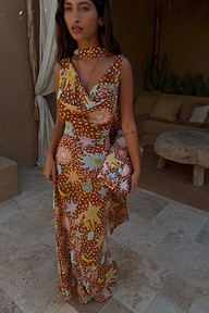 Brown Star Fawn Sophie Dress with star and palm motifs, draped neckline and detachable scarf detail.