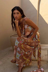 Brown Star Fawn Sophie Midaxi Dress featuring celestial motifs and a multi-wear detachable scarf.