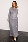 Gunmetal Sequin Soho Dress in a shimmering body-skimming maxi silhouette with long sleeves.