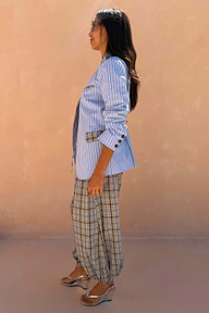 Blue Stripe Foldover Blazer with white stripes and contrast check tabs, paired with coordinating check trousers.