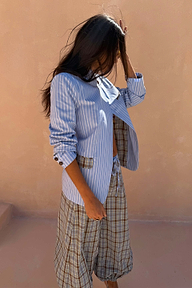 Blue Stripe Foldover Blazer featuring a high neck and contrast check tabs, styled with matching co-ord trousers.