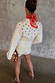 Thumbnail for Ecru Studded Cardigan with silver metal studs on the back and sleeves, paired with matching denim shorts.