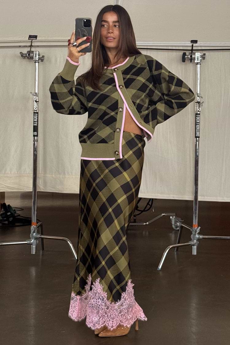 Olive Tartan Maeva Skirt with a pink lace hem, styled with the matching Cheryl cardigan as a chic co-ord.