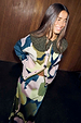Teal Mara Abstract Cheryl Cardigan featuring a textured olive wool collar and multi-tonal artist print.