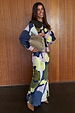 Teal Mara Abstract Dorris Skirt in a multi-coloured hand-painted print, styled with a matching cardigan.