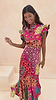 Morocco Remi Dress featuring a colourful patchwork abstract print, pleated frills and tortoise buttons.