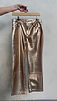 Thumbnail for Metallic Gold Vegan Leather Trousers featuring an embroidered pocket logo and branded button detailing.