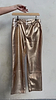 Metallic Gold Vegan Leather Trousers featuring an embroidered pocket logo and branded button detailing.