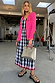 Gingham Macy Midi Dress with pink rickrack trim, layered with a pink cardigan and leopard print sandals.