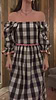 Monochrome cotton Gingham Macy Midi Dress with ruffled sleeves and colourful rickrack trim.