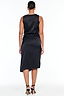 Black Sleeveless Vienna Dress in satin, a midi-length wardrobe staple shown from the back on a model.