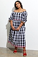 Black and white Gingham Macy Midi Dress with colourful rickrack trim and ruffled sleeves on a curve model.