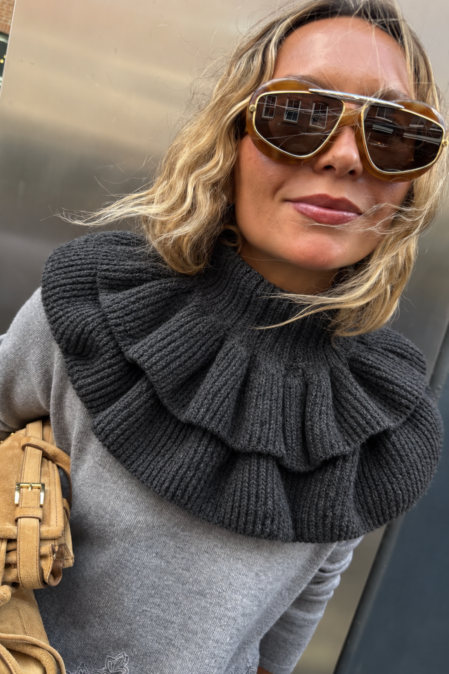 Grey Knit Ruffle Collar