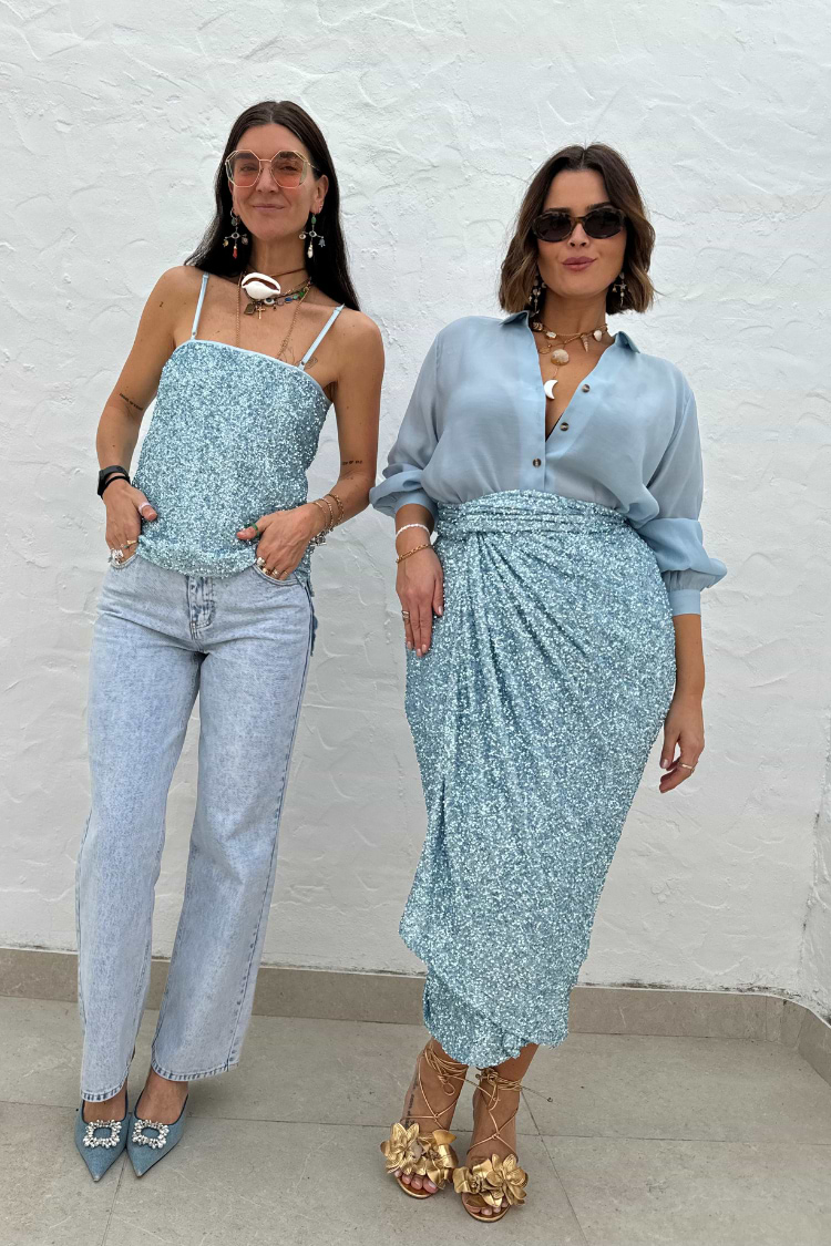Ice Blue Sequin Jaspre Skirt paired with a light blue shirt and matching sequin cami on two models.