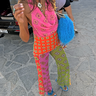 Pink Mix Tile Mesh Flare Trousers