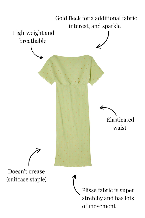 Pistachio Tilly Dress in green plisse fabric with gold flecks, highlighting the elasticated waist and lettuce hem.