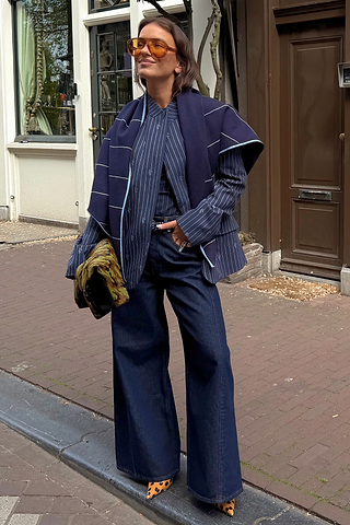 Navy Pinstripe Fold Over Blazer Petite