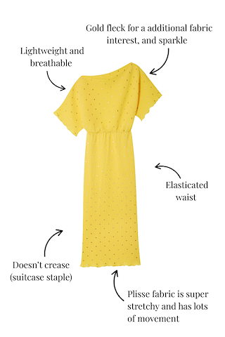 Yellow plissé Sunshine Tilly Dress with gold flecks and elasticated waist, shown with descriptive text callouts.