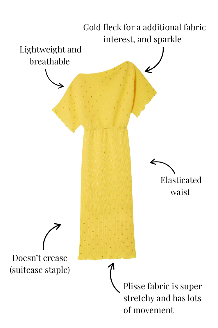 Yellow plissé Sunshine Tilly Dress with gold flecks and elasticated waist, shown with descriptive text callouts.