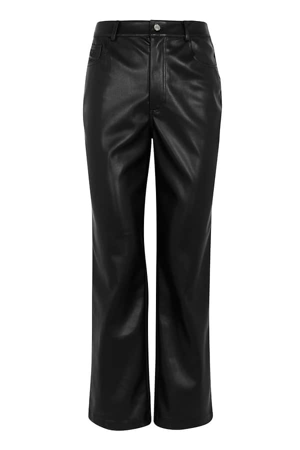 Black vegan leather trousers featuring a high-waisted fit and straight leg design.
