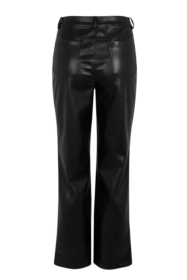 Black vegan leather trousers featuring a high waist, back pockets, and a straight leg silhouette.