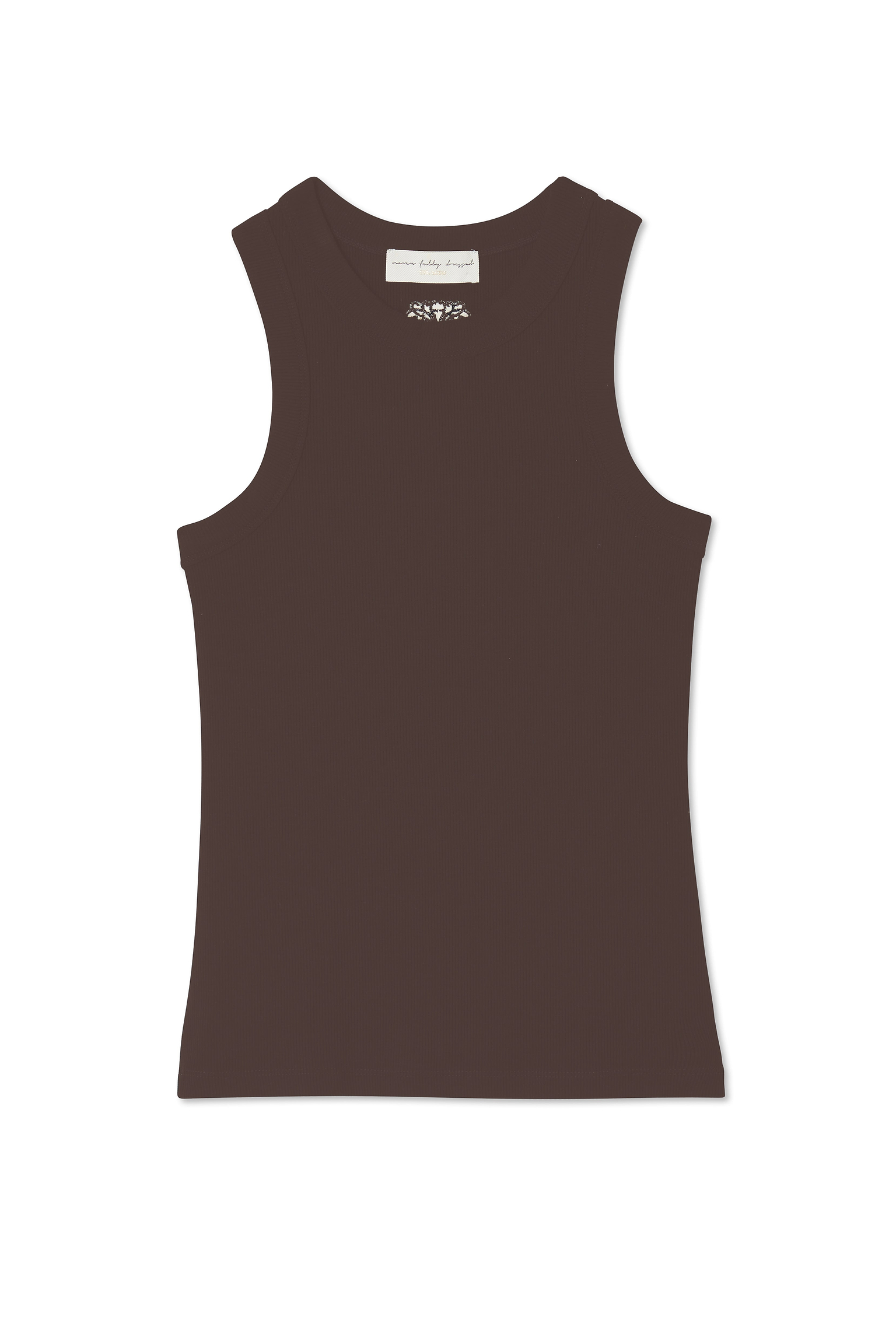 Chocolate Ribbed Tank with embroidered NFD logo, a soft stretch block colour staple designed in London.