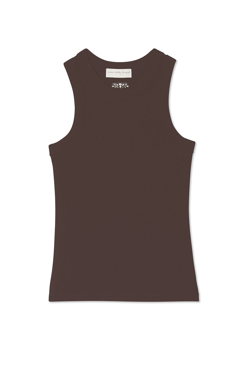 Chocolate Ribbed Tank with embroidered NFD logo, a soft stretch block colour staple designed in London.