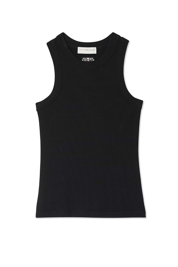 Black Ribbed Tank with soft stretch fabric and an embroidered NFD logo, a versatile wardrobe staple.