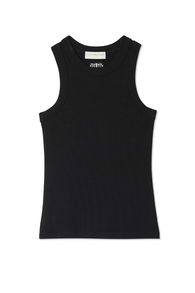 Black Ribbed Tank with soft stretch fabric and an embroidered NFD logo, a versatile wardrobe staple.