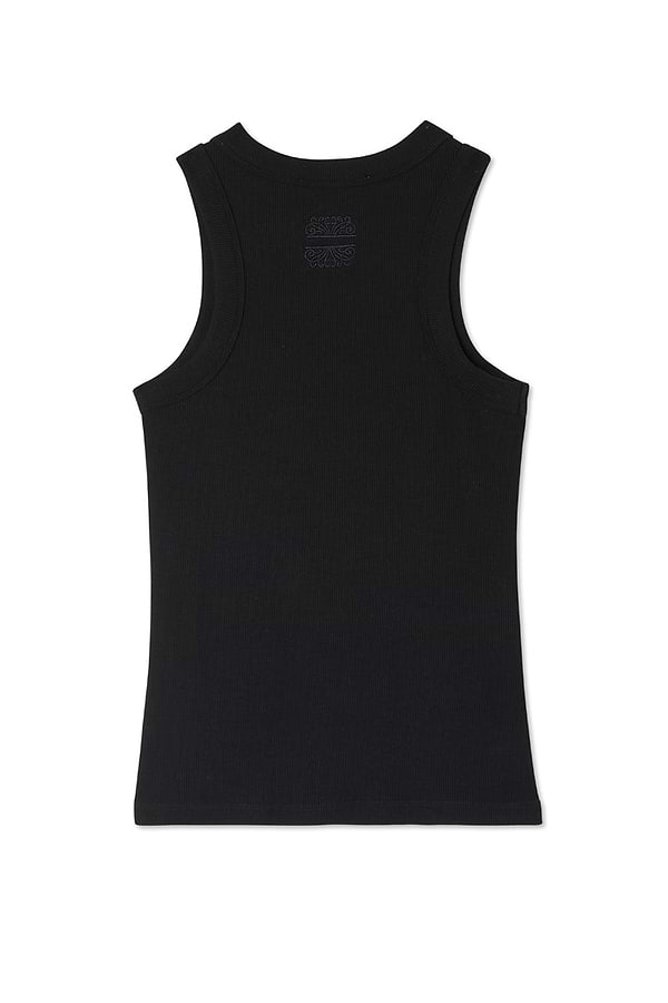 Black Ribbed Tank shown from the back, featuring a tonal embroidered NFD logo and ribbed texture.