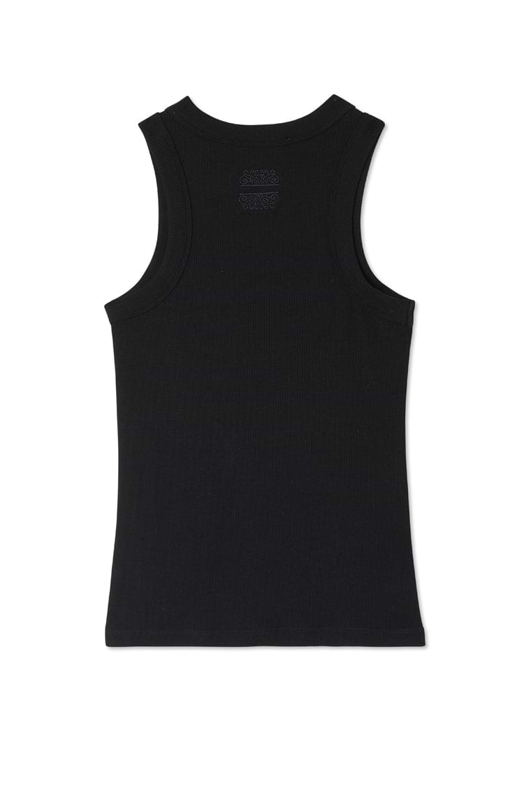 Black Ribbed Tank shown from the back, featuring a tonal embroidered NFD logo and ribbed texture.
