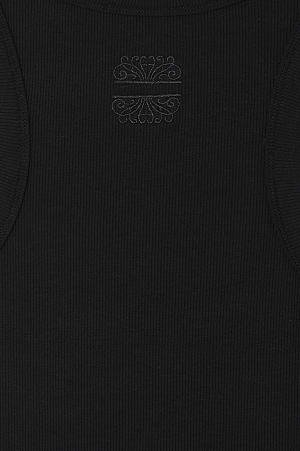 Black ribbed tank top featuring a tonal embroidered NFD logo on soft stretch fabric.