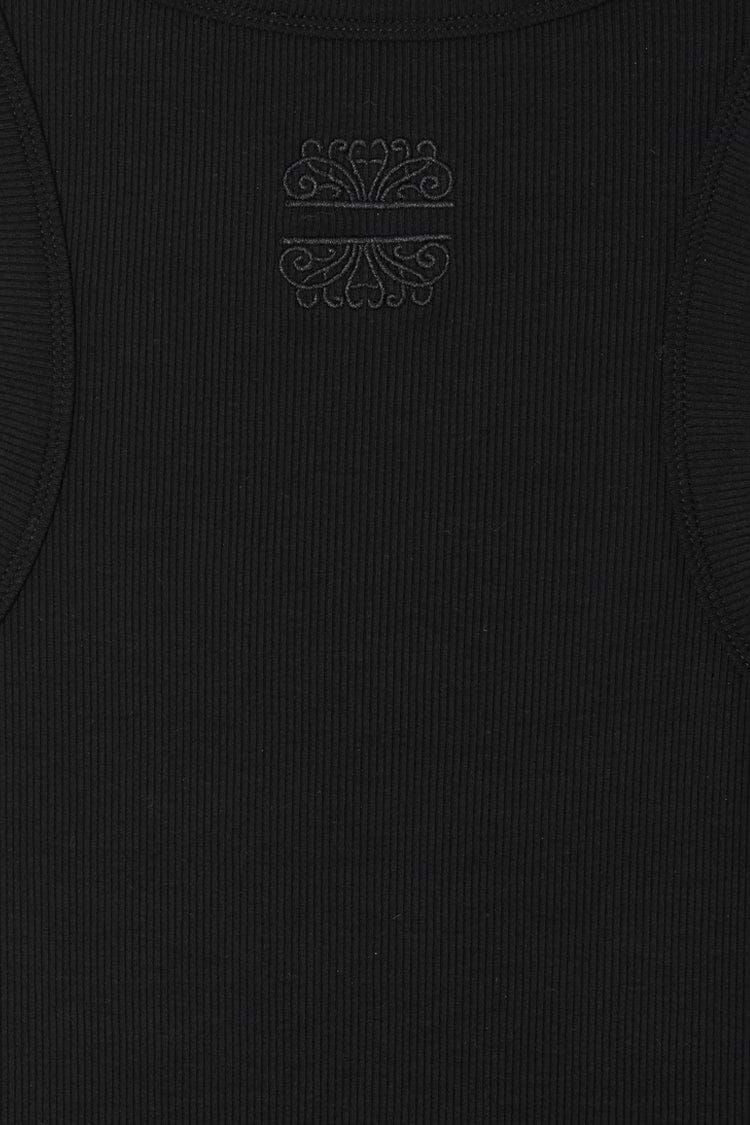 Black ribbed tank top featuring a tonal embroidered NFD logo on soft stretch fabric.