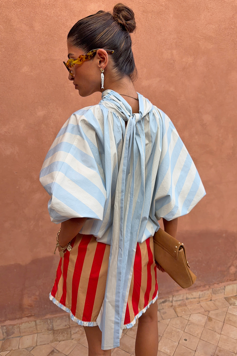 Blue Stripe Batwing Blouse featuring voluminous sleeves and a long back tie detail, shown from a back view.
