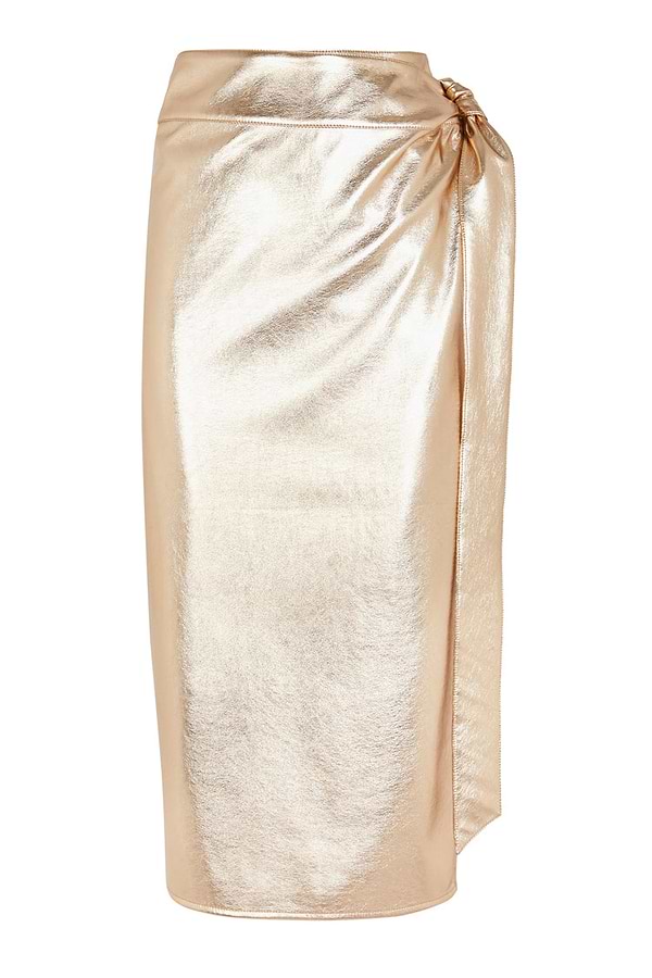 Iconic gold vegan leather Jaspre wrap midi skirt with a metallic finish and side tie detail.