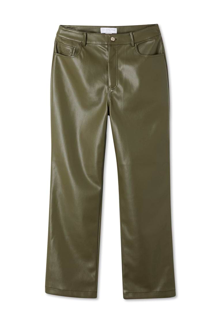 Khaki green vegan leather trousers with a straight-leg silhouette and pocket detailing on a white background.