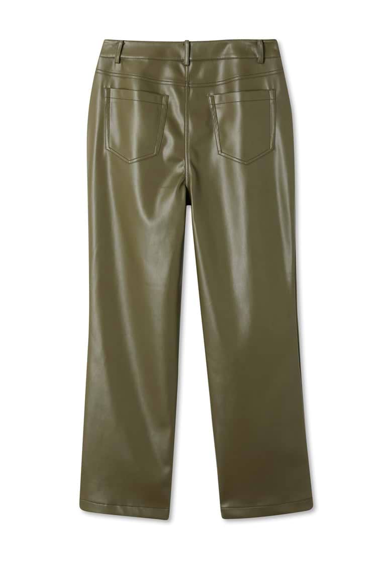 Khaki green vegan leather trousers featuring a straight leg and back pocket detailing.