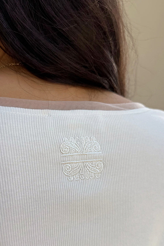White Teddy T-Shirt back detail with ribbed viscose fabric, mesh neckline trim and embroidered logo.