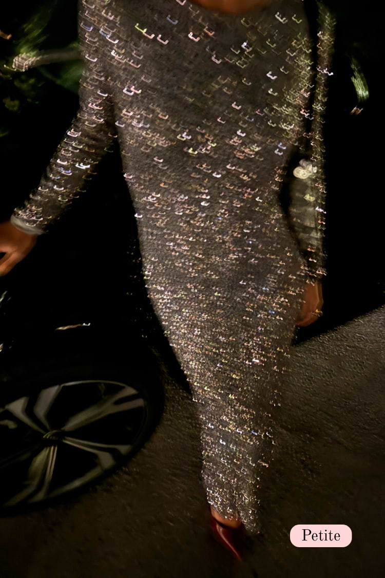 Gunmetal Sequin Soho Dress in a petite fit, featuring shimmering grey sequins and a long-sleeve silhouette.