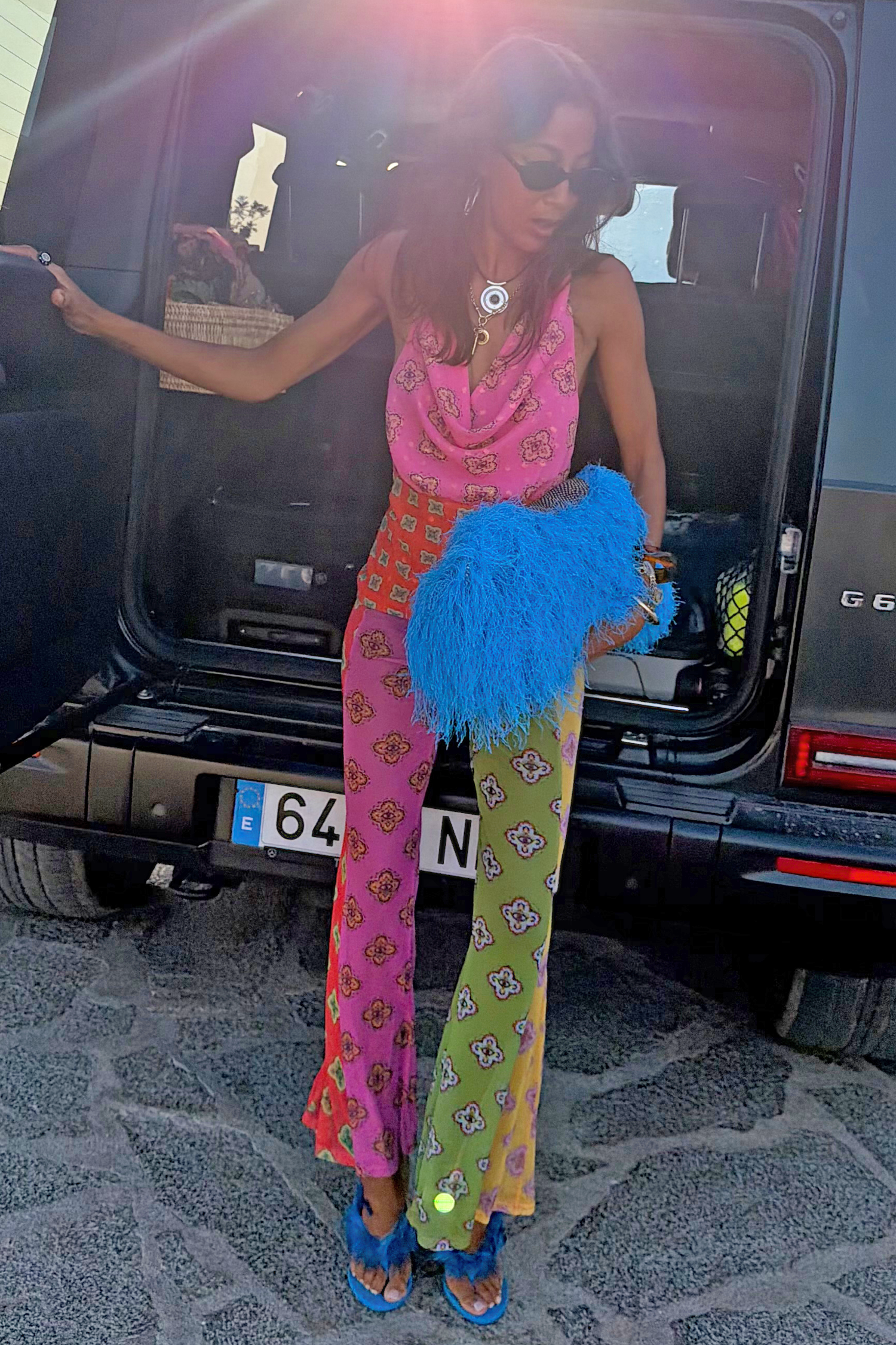 Pink Mix Tile Mesh Flare Trousers