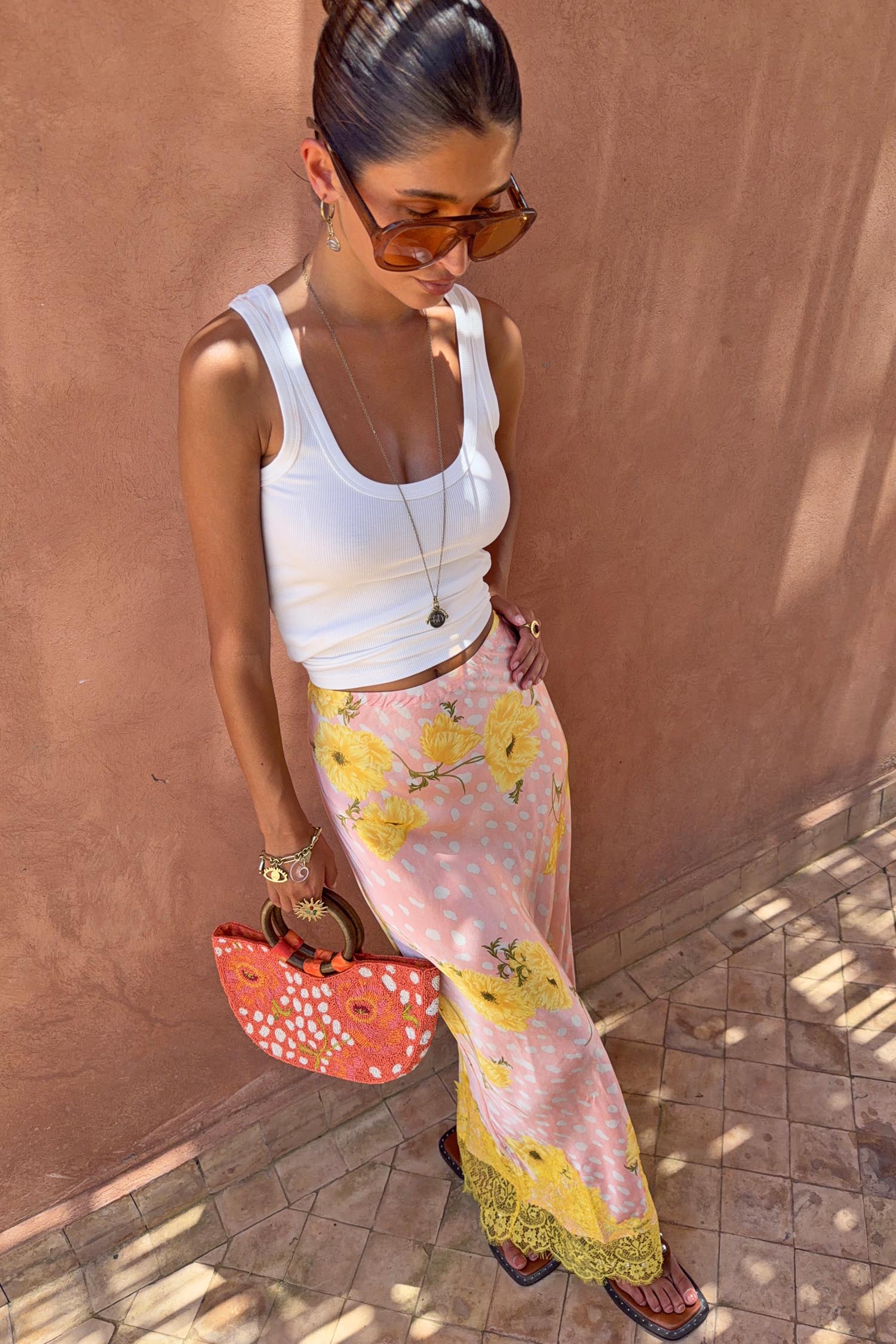 Pink Fawn Poppy Maeva Skirt Petite featuring a yellow lace hem and a floral deer print.