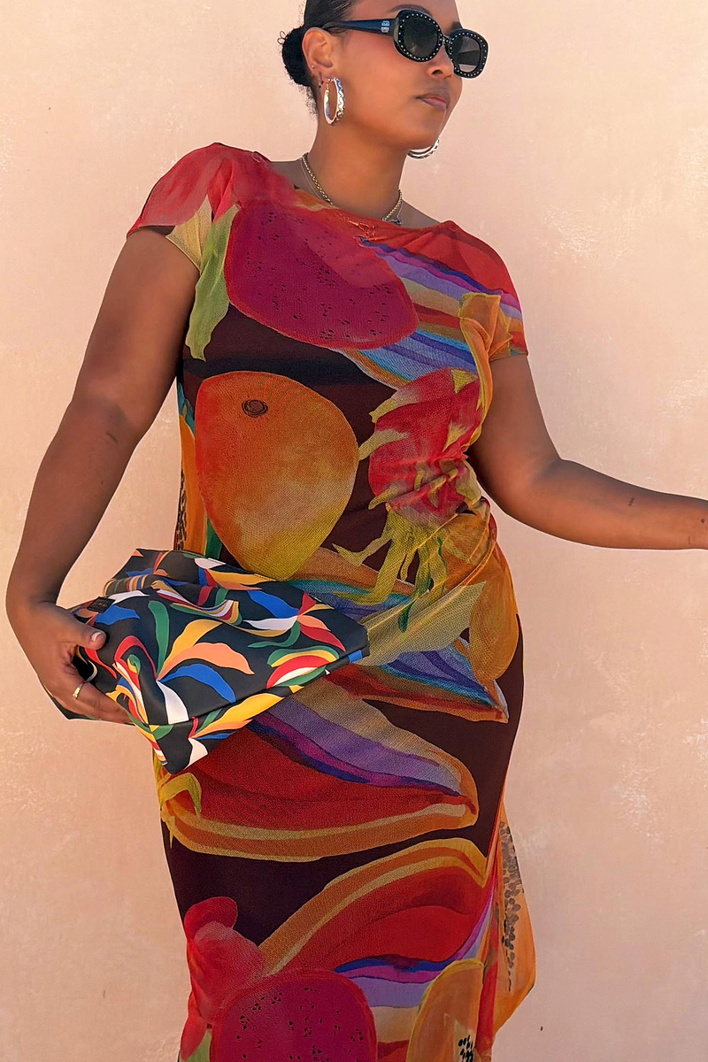 Rio Mesh Dress in a bold fruit print on stretch mesh with cap sleeves, showing vibrant colour blocks and inclusive sizing.