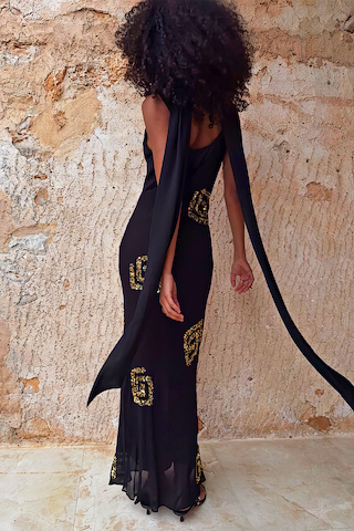 Black & Gold Simona Maxi Dress Petite with gold sequin motifs and scarf ties, designed in London.